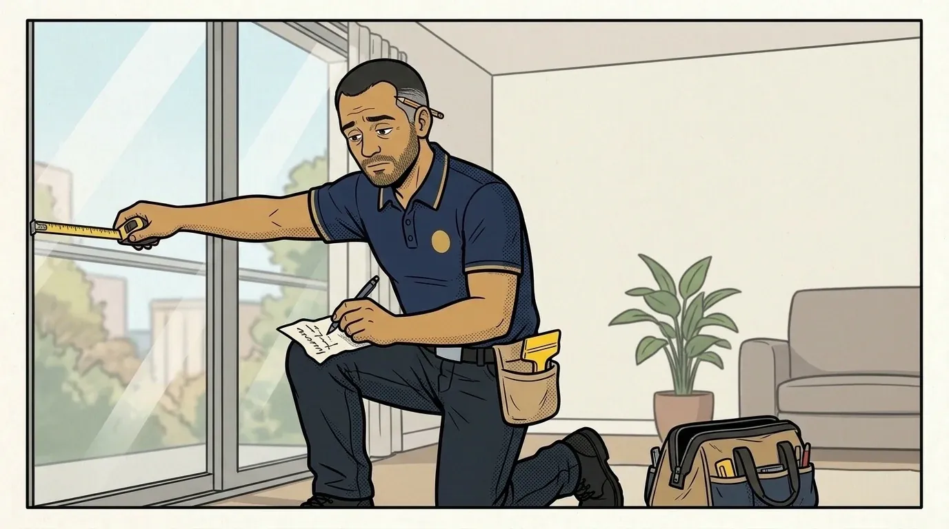 Davi ajoelhado medindo uma janela com a trena e anotando num papel amassado