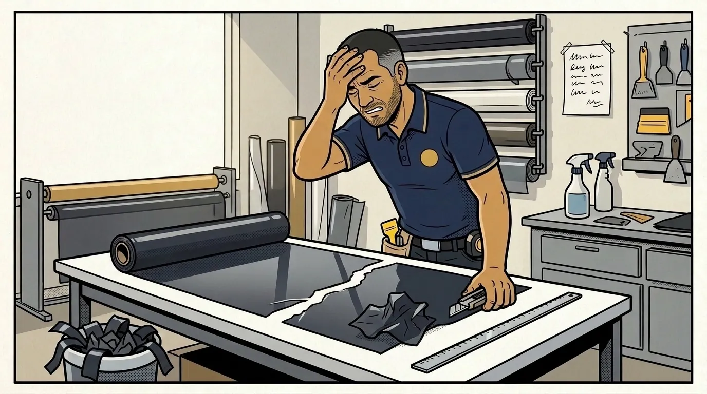 Davi com a mão na testa diante de um pedaço de película cortado errado na mesa