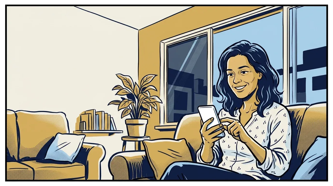 A cliente Mariana sorrindo no sofá enquanto aprova a proposta no celular