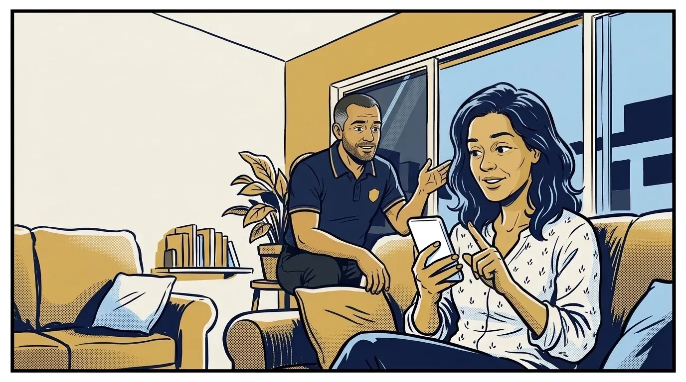 Mariana lê a proposta no celular dela e faz uma pergunta, enquanto Davi explica ao lado