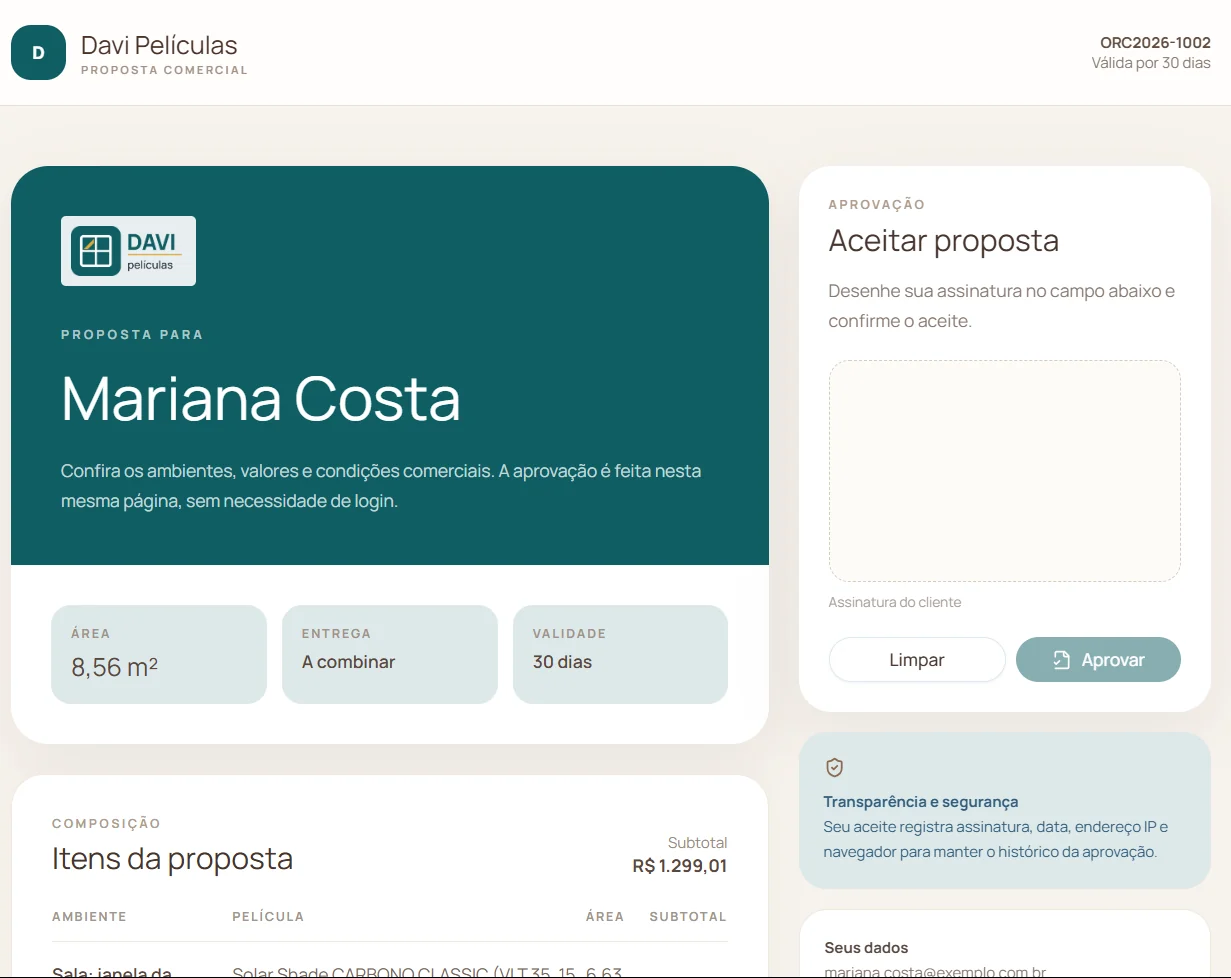 Proposta com o logo da Davi Películas aberta pelo cliente, com o campo para assinar e aprovar