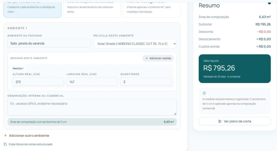 Tela de nova proposta com altura 213 cm, largura 147 cm, quantidade 2 e área de 6,63 m²